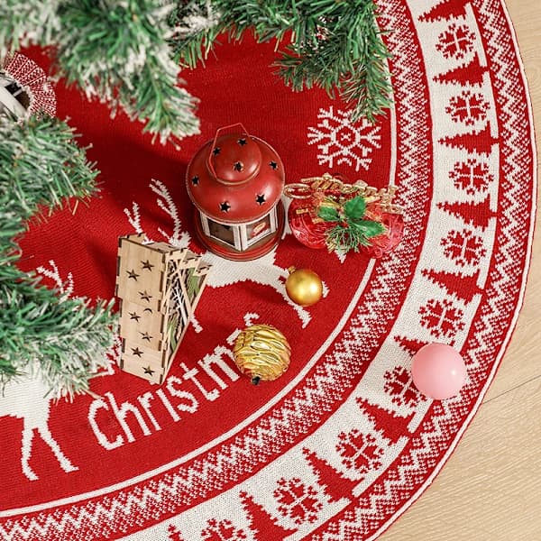 Röd vit julgransmatta stickat tyg, golvmatta
