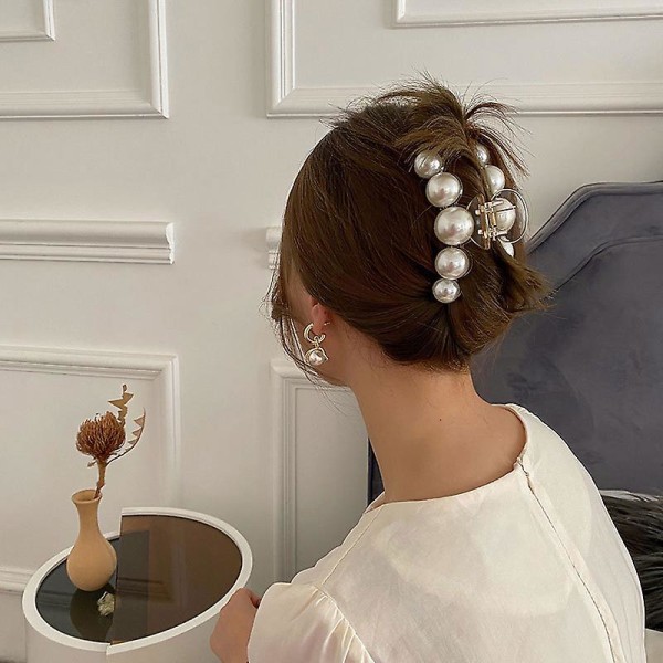 Pearl Hair Claw White Large Plastic Banana Clips Hair Claw Clips Thick Nonslip Outdoor Hair Jaw Clips for Women and Girls,WZ-2013R