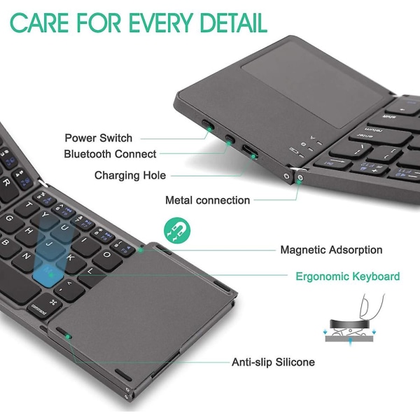 Bærbar Mini Tre Folding Trådløs Bluetooth Tastatur Foldbar Touchpad Keypad til IOS Android Windows ipad Tablet Bærbar