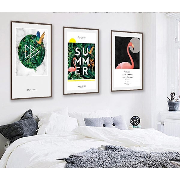 Wekity Sommer Flamingoer Veggkunst Lerretstrykk Plakat, Enkelt Mote Kunsttegning Dekor for Hjem Stue Soverom Kontor og Barnerom (Set med