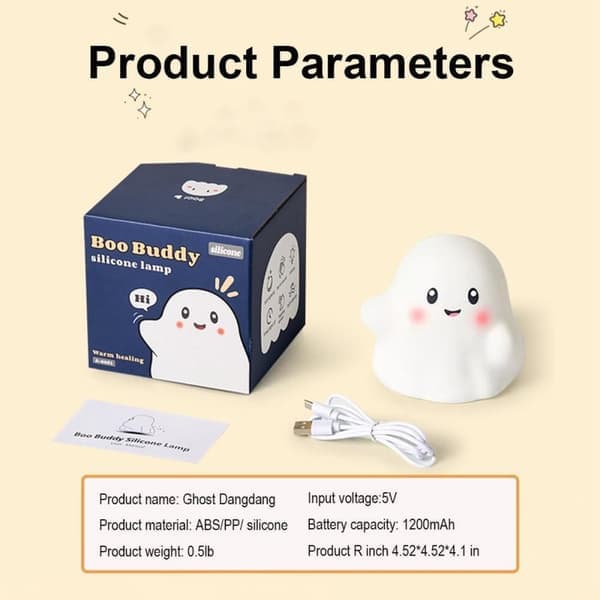 Spooky Silicone Night Light for Kids - White Ghost Shape with 13 Interactive Sound Effects - 11.5x11.5x10.5 cm