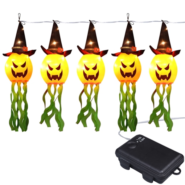Halloween Hengedekorasjoner Heks Gresskar Vindstrømpe Flagg med LED-lys for innendørs og utendørs bruk (Oransje 5 stk, En størrelse)