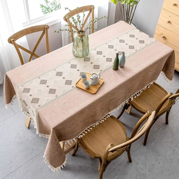 /HA/ Linne bomulls rektangulär duk, fyrkantig stygn tofsformad rektangulär dukar Tvättbara dukar för kök Matbord (140x180cm)C
