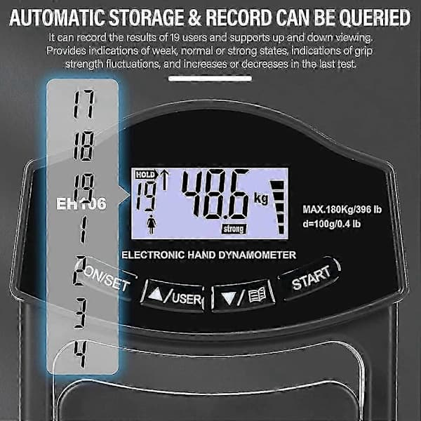 Gripstyrketester, 396Lbs/180Kg Digital Hånddynamometer Grip Strength Meter USB LCD-skjerm Hånd