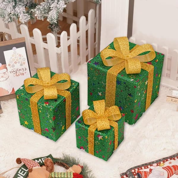 Christmas Decorations 3-Pack with LED, Illuminated Gift Boxes Indoor & Outdoor with 8 Modes and Remote Control