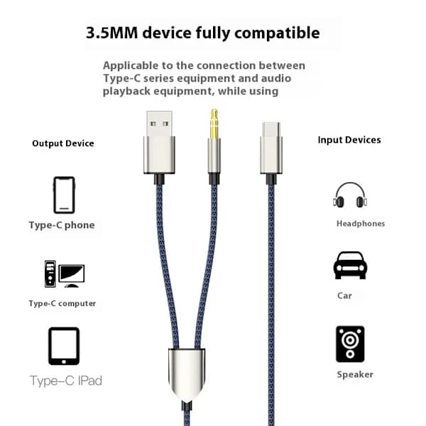 2-i-1 Typ-C Bilstereo Kabel 1 Delt 2 Typ C til USB A 3.5mm Aux Kabel Blå