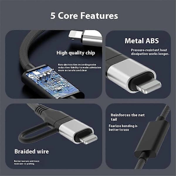 4-in-1 Lightning & Type-C Kaksisuuntainen Äänityskaapeli älypuhelimille, Harmaa Hopea