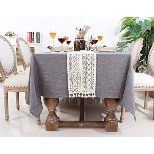HA-9,5x 180 cm Beige Makramé Bordløper Rektangulær Heklet Blonde Elegant Hul Mesh Bordduk for Rustikk Boho Bryllupsdekor Brud