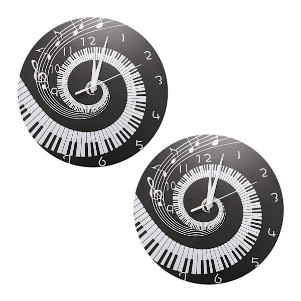 2x Elegant Piano Key Clock Music Notes Wave Round Modern Wall Clock Without Battery Black + White A