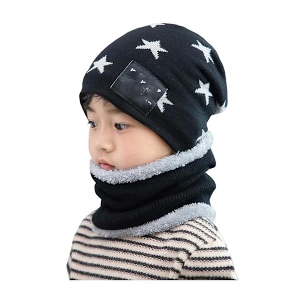Barn Pojkar Flickor Vinter Varma Stickad Mössa och Halsduk Set med Fleece