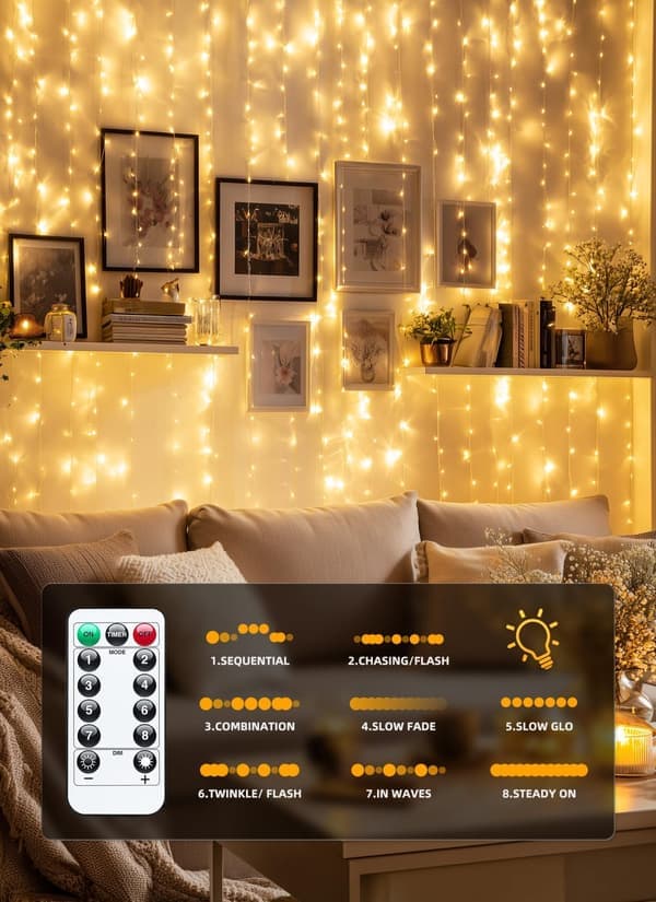 300 LED Gardinlys – 3 m x 3 m Varmhvitt Lysgardin med USB, 8 Lysmoduser for Juledekorasjon