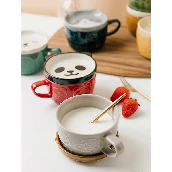 Keramisk kaffemugg, tecknad mugg med lock