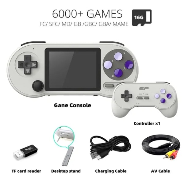/HA/DATA FROG SF2000 Bærbar håndholdt spillkonsoll 3 tommers IPS Retro spillkonsoller Innebygde 6000 spill Retro videospill for barn Offwhite + 1 håndtak