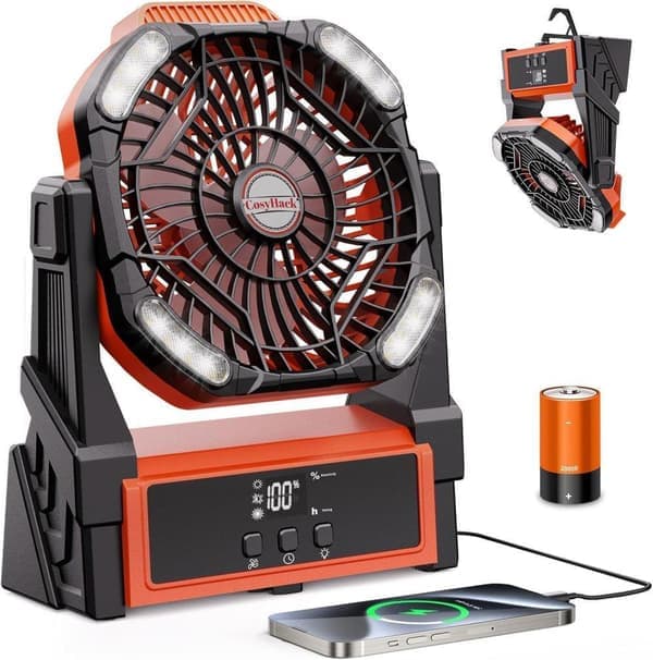 Campingventilator med LED-lys, Bærbar Ventilator 20000mAh Batteri, 4 Hastigheder til Udendørs & Telt