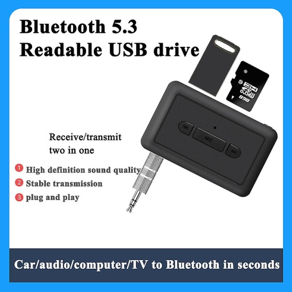 2 In 1 Car Bluetooth 5.3 Receiver Transmitter Adapter Mp3 Wireless Player Audio AUX Conversion 3.5mm Jack Support U Disk TF Card