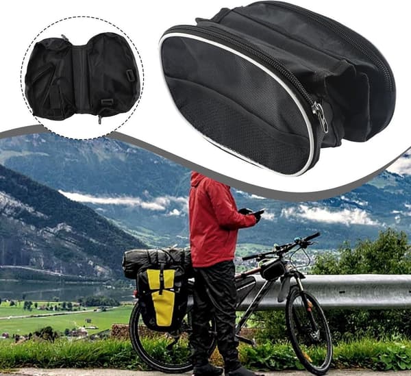 Cykeloverrørs-tasker, sæt med 2, vandtæt polyester, reflekterende striber, 4 lommer, velcrolukning, til mountainbiking, sort