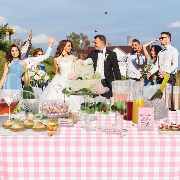 2-pack rektangulär plastduk, engångs rosa och vit rutig bordsduk för fester, picknick och bröllop, 137 x 274 cm
