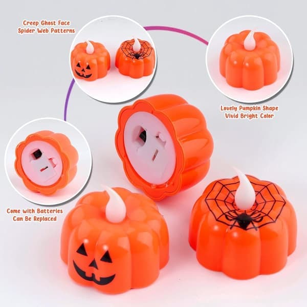 12 stk. Græskar Flameless Tea Lights - Orange LED Belysning Halloween