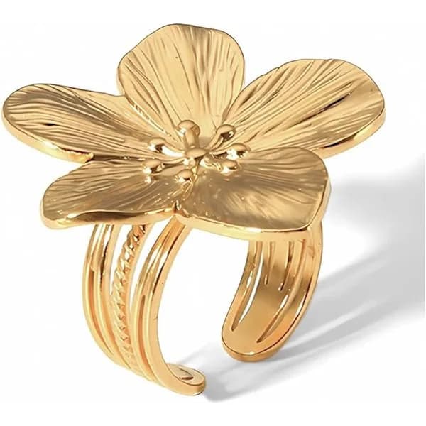 Gull Blomsterring for Kvinner Trendy Sølv Blomst Statement Ring Justerbar Minimalistisk Ring Smykke