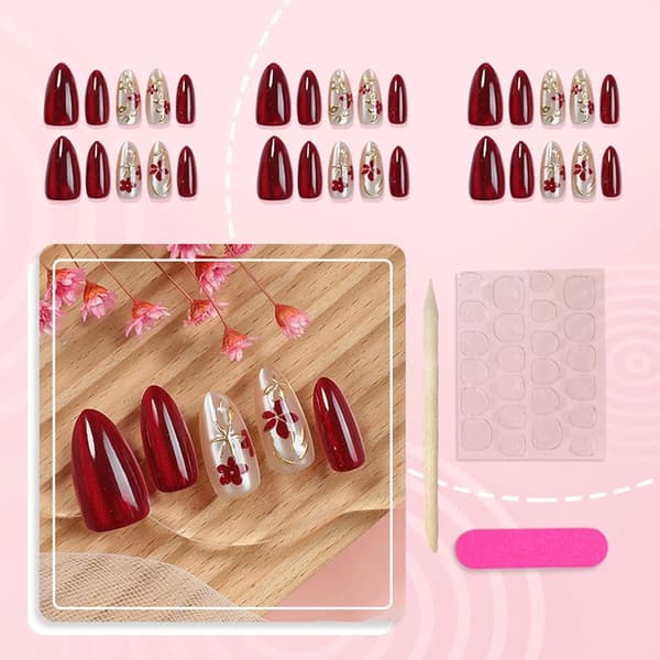 30 Stk. Press On Negle Medium Mandel Akryl Falske Negle Blomster Fransk Design til Kvinder Manicure Rød Style 9