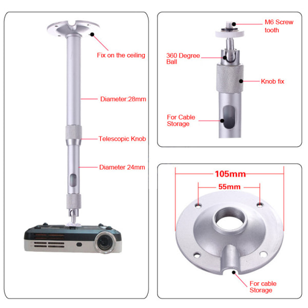 Justerbart takprojektorfäste (20-40cm) - Upp till 5 kg - 360° vridbar, för miniprojektor digitalkamera videokamera - aluminiumlegering