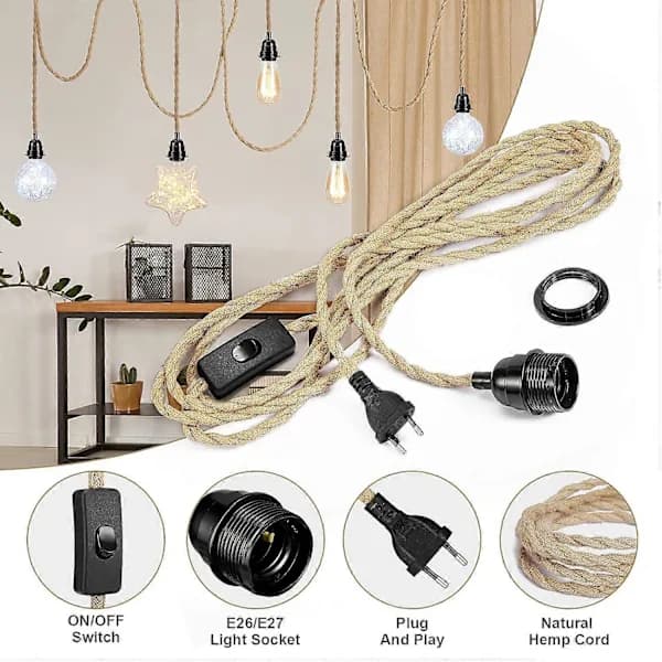 4,5 m 2-leder Linned Elektrisk Kabel, med E27 Fatning og Afbryder, til DIY Lampe (uden pære)