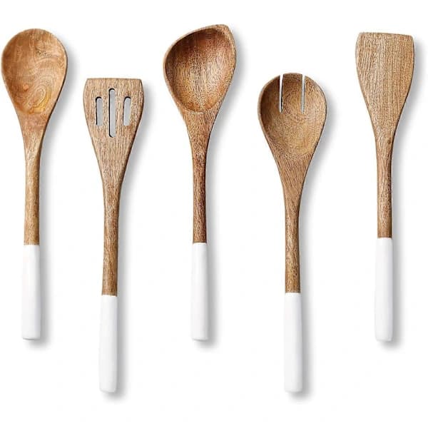 HA~Träslevar för matlagning, set med träsked, stekspade, gaffel, hålslev, hörnslev, 5 delar