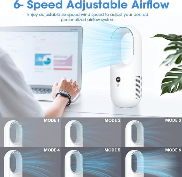 Bladløs Bordventilator – Genopladelig Personlig Ventilator med 6 Hastigheder og LED-panel