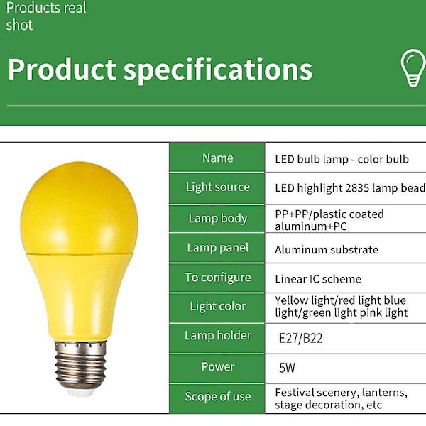 Förpackning med 8 färgade LED-lampor, E27 LED 9w, plast, för juldekoration, röd grön blå gul (2 per färg)