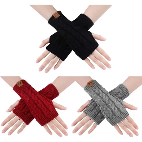 3 par fingerløse handsker til kvinder, strikkede halvfingerhandsker til kvinder og mænd