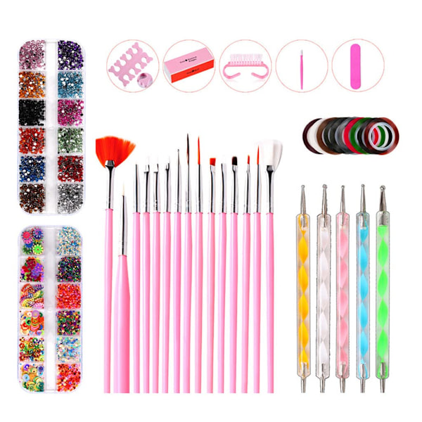 Nail Art Design Set, Professional Nail Art Tool Nail Art Brushes Dotting Pen Striping Tape Nail File Block Rhinestones Decoration