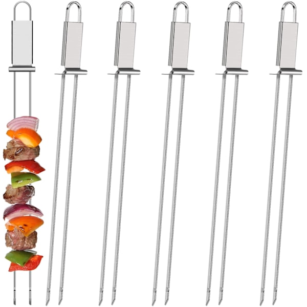 Grillspyd i metal, rustfrit grillspyd i rustfrit stål med trykstang, dobbelt spyd kebabværktøj til hurtig frigivelse af kød (6 stk.)