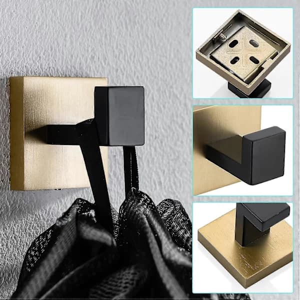 HA~Håndklædekrog Enkelt Hænger Holder Rustfrit Stål Mat Sort+Guld 304 Rustfrit Stål Krom Finish Håndklædekrog 2-pak