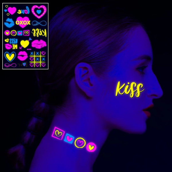 Neon-väriset väliaikaiset tatuoinnit, uusi rakkaus, sekoitettu tyyli, glitter, Amor, punaiset huulet, sydän, kukka, hohtaa pimeässä, UV-neon-tatuointitarrat