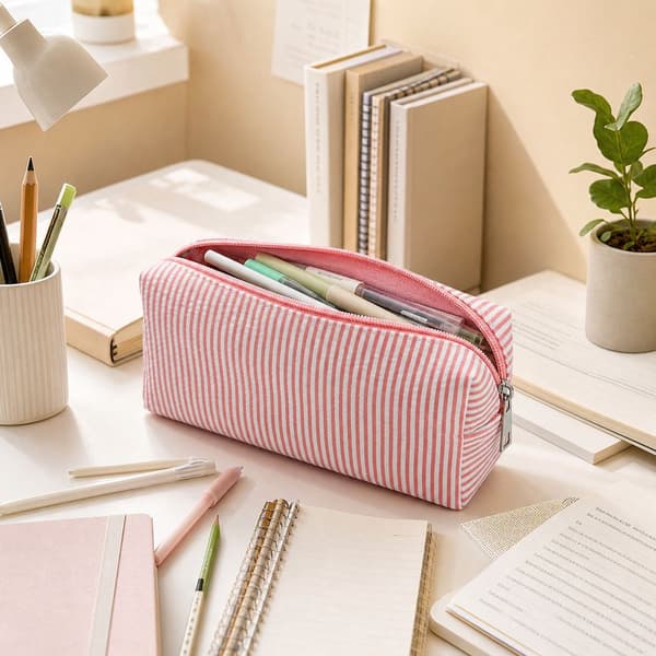 Stor penalhus, slidstærkt polyester, rummelig opbevaring med lynlås, til skole og kontor, lyserøde og hvide striber, 21x7,5x8 cm