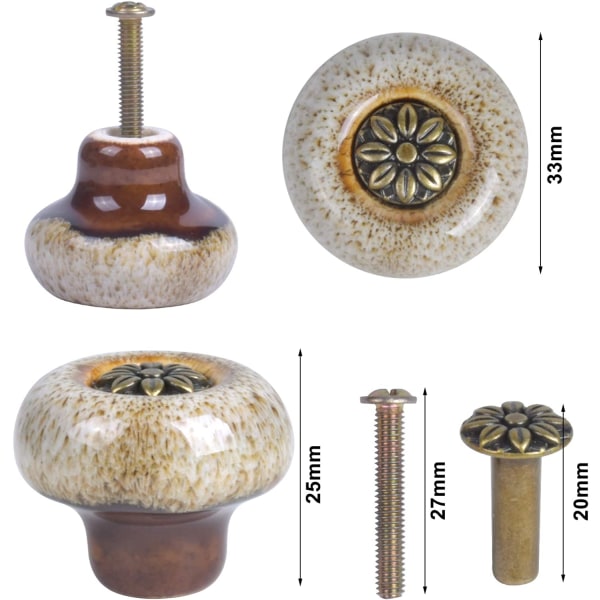6st vintage keramiska skåpknoppar, 33 mm dörrhandtag