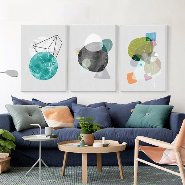 Wekity Geometric Patchwork 1 seinätaide kankaalle painettu juliste, yksinkertainen abstrakti vesiväritaide piirustus sisustus kotiin olohuoneeseen makuuhuoneeseen toimistoon ja lapsiin