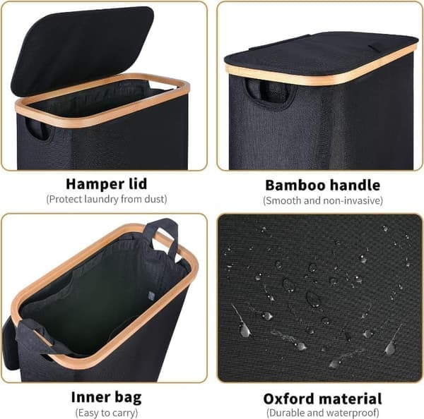 Laundry Basket with Lid - 100L Large Collapsible Laundry Hamper with Bamboo Handles & Inner Bag