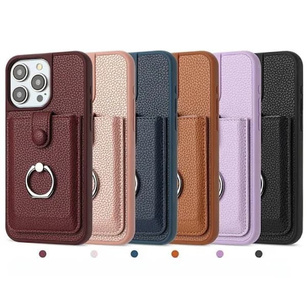 (För iPhone 15 Pro MAX) Telefonfodral med dragsko, kortfack och lycheetextur, blåblå