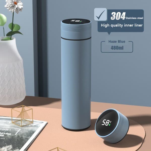 480 ml Termos Vannflaske med Temperaturdisplay i Rustfritt Stål Blå