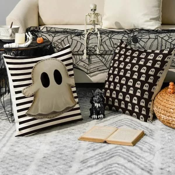 HA-Halloween Hey Boo Søde Spøgelser Skræmmende Pudebetræk, 45 x 45 cm Horror Pudebetræk til Sofagruppe med 4, Sort