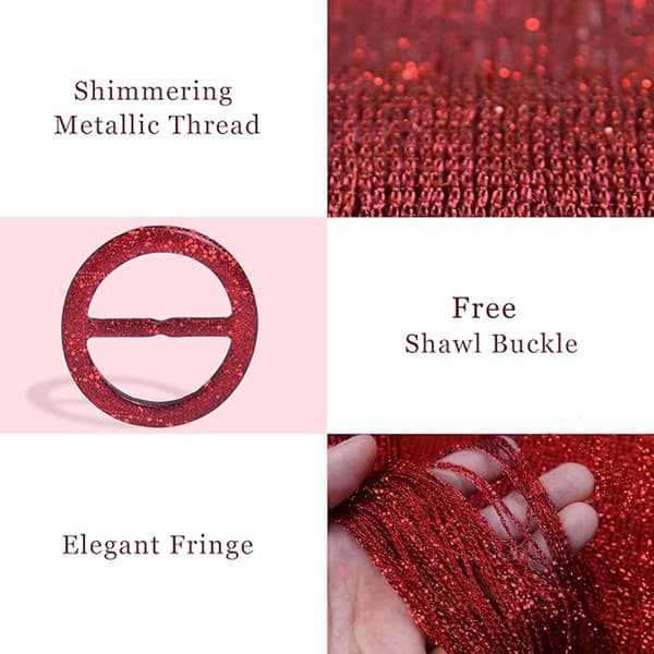 Dame metallic tørklæde, glitrende polyester wrap med kvastfrynser og klips til bryllupper, fester, strandture, bordeauxrød