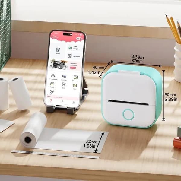 Termisk skrivare – Mini etikettskrivare med Bluetooth, 50 mm etikettrulle, trådlös för iPhone, iPad och Android