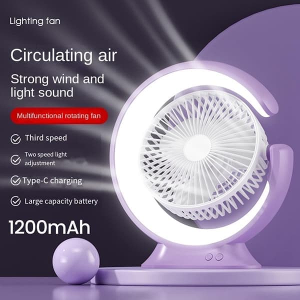 Multifunksjonell roterbar skrivebordsvifte med LED-lampe – 3 hastigheter, USB-lading