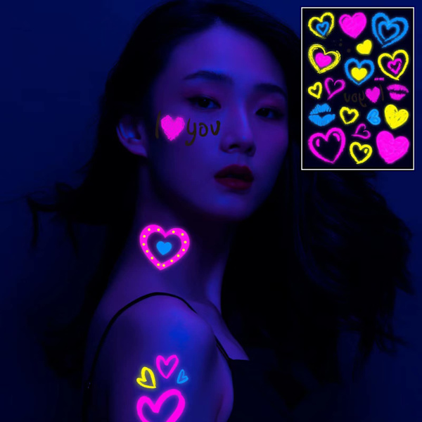 Neon-väriset väliaikaiset tatuoinnit, uusi rakkaus, sekoitettu tyyli, glitter, Amor, punaiset huulet, sydän, kukka, hohtaa pimeässä, UV-neon-tatuointitarrat