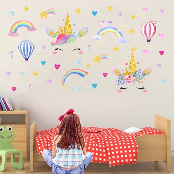 Unicorn Rainbow Hot Air Balloon Wall Sticker Pack Vardagsrum Sovrum Barnrum Dekorativ Väggdekal