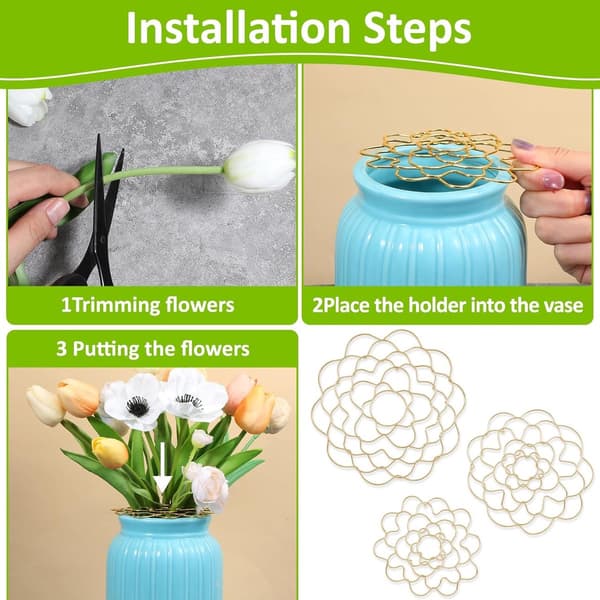 Blomsterarrangement gitter sæt, 3-delt buket holdere i rustfrit stål, blomsterformet guld, til vasearrangementer, 4, 5 & 6 tommer