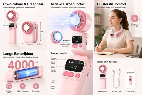 Sammenfoldelig halsventilator med iskøling, støjsvag USB genopladelig håndfri bladløs ventilator til studerende, rejser og udendørs, pink