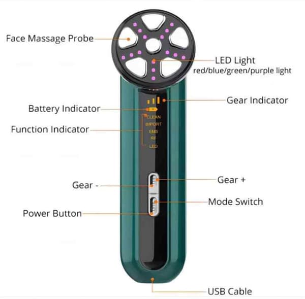 Ansigtsforyngelsesapparat, EMS Mikrostrøm, RF, Fire-farvet LED Lysterapi og Vibrationsmassage til Hjemmebrug