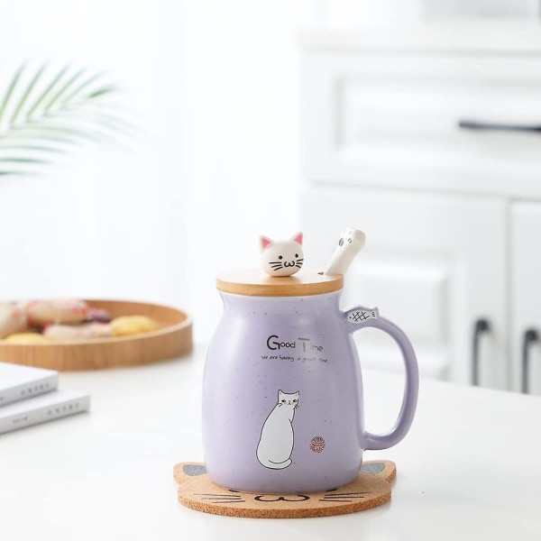 Kattekop Mug Sød Keramisk Kaffe Kop med Elskelig Katte Låg, Kattepote Ske, Kawaii Underkop, Nyhed Morgen Kop Te Mælk Julekop Lilla (WZ1279)